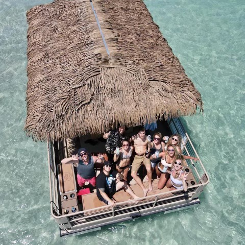 Floating Tiki Hut Party Barge with Palm Thatch Roof
