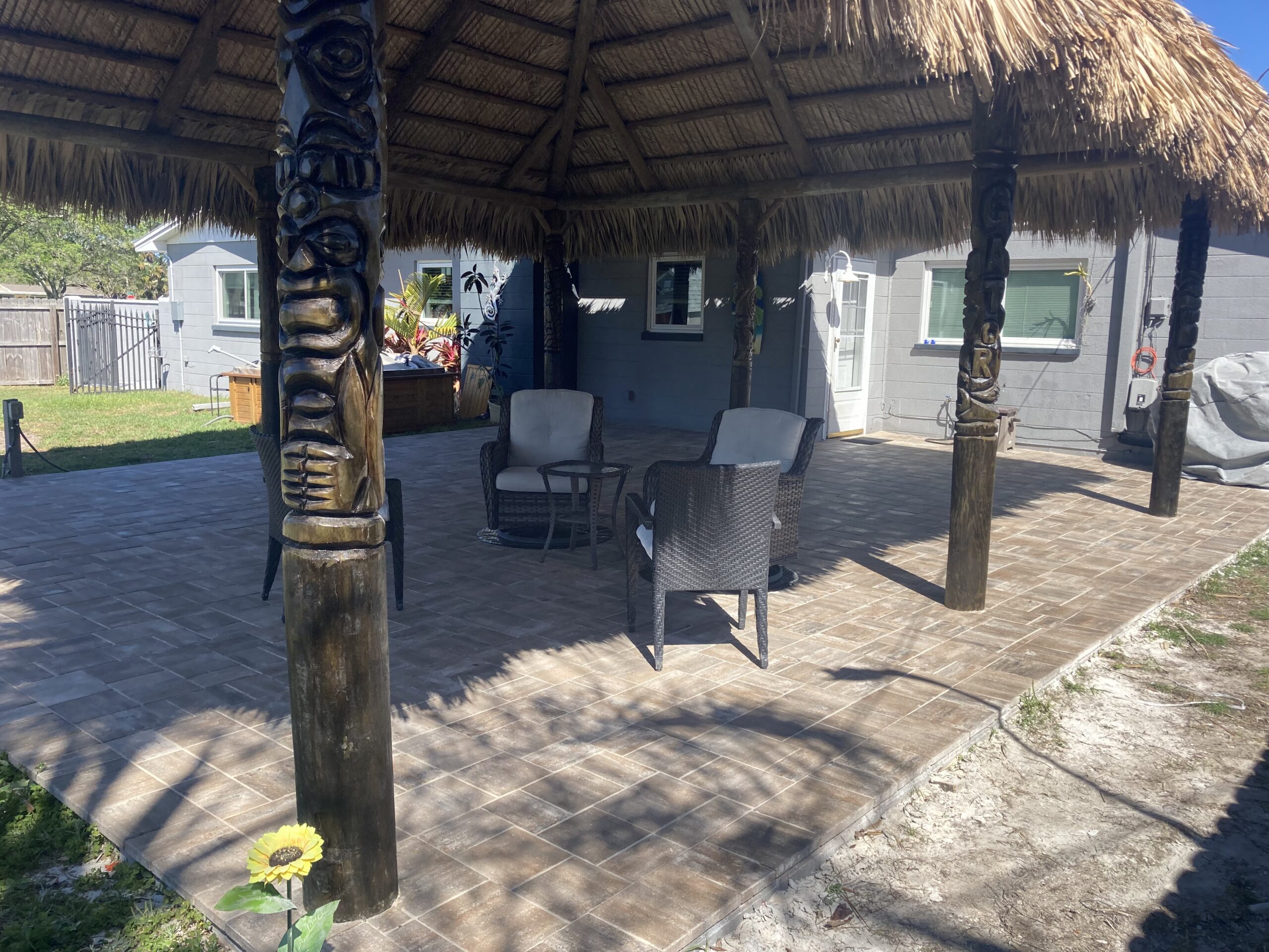 Lakeside Tiki Hut with Palm Thatch and Wood Deck