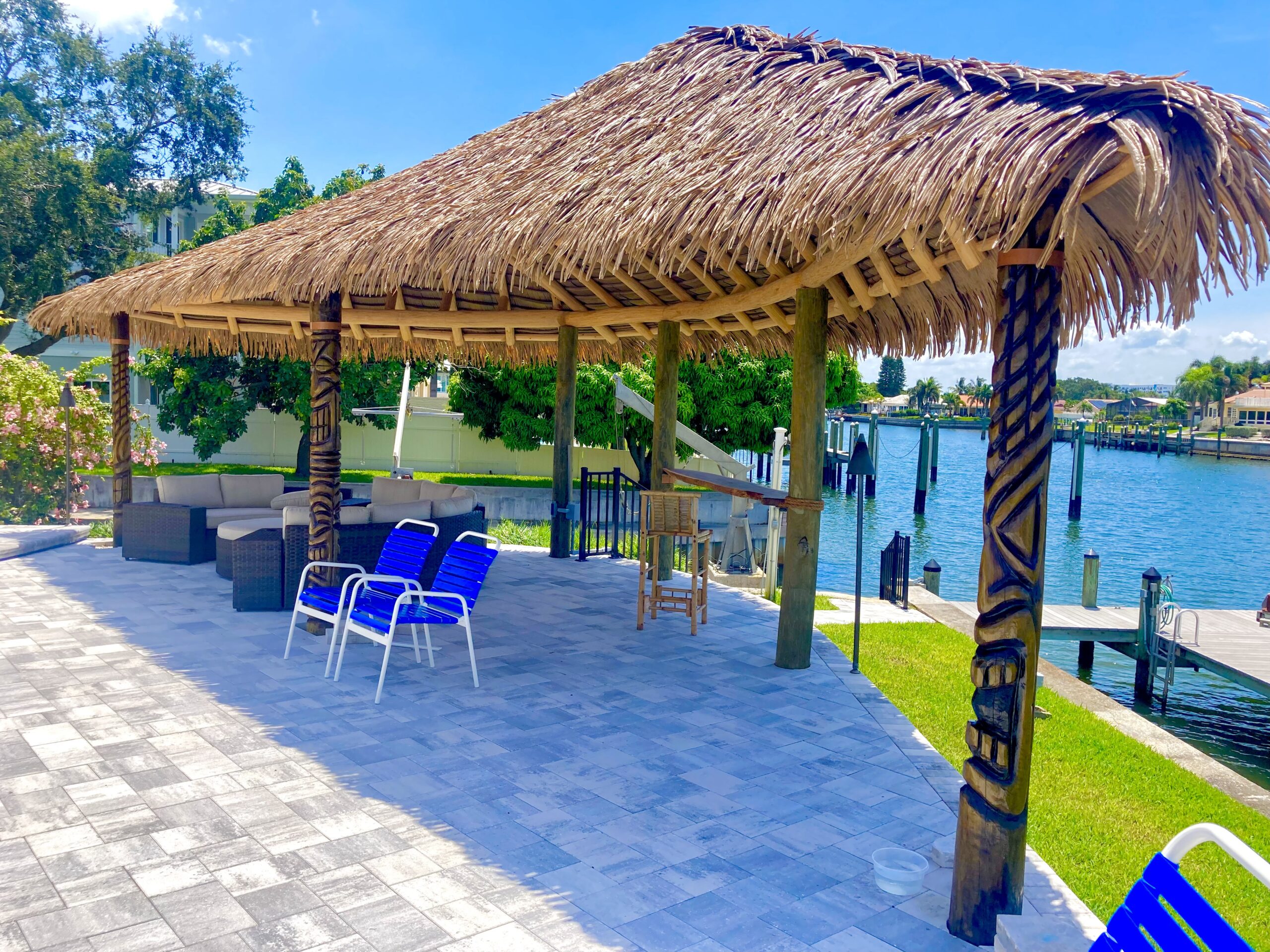 Waterfront Tiki Hut Pavilion with Palm Thatch & Cypress Posts