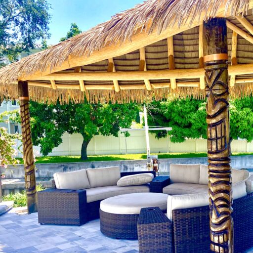 Backyard Tiki Hut Lounge with Palm Thatch Roof