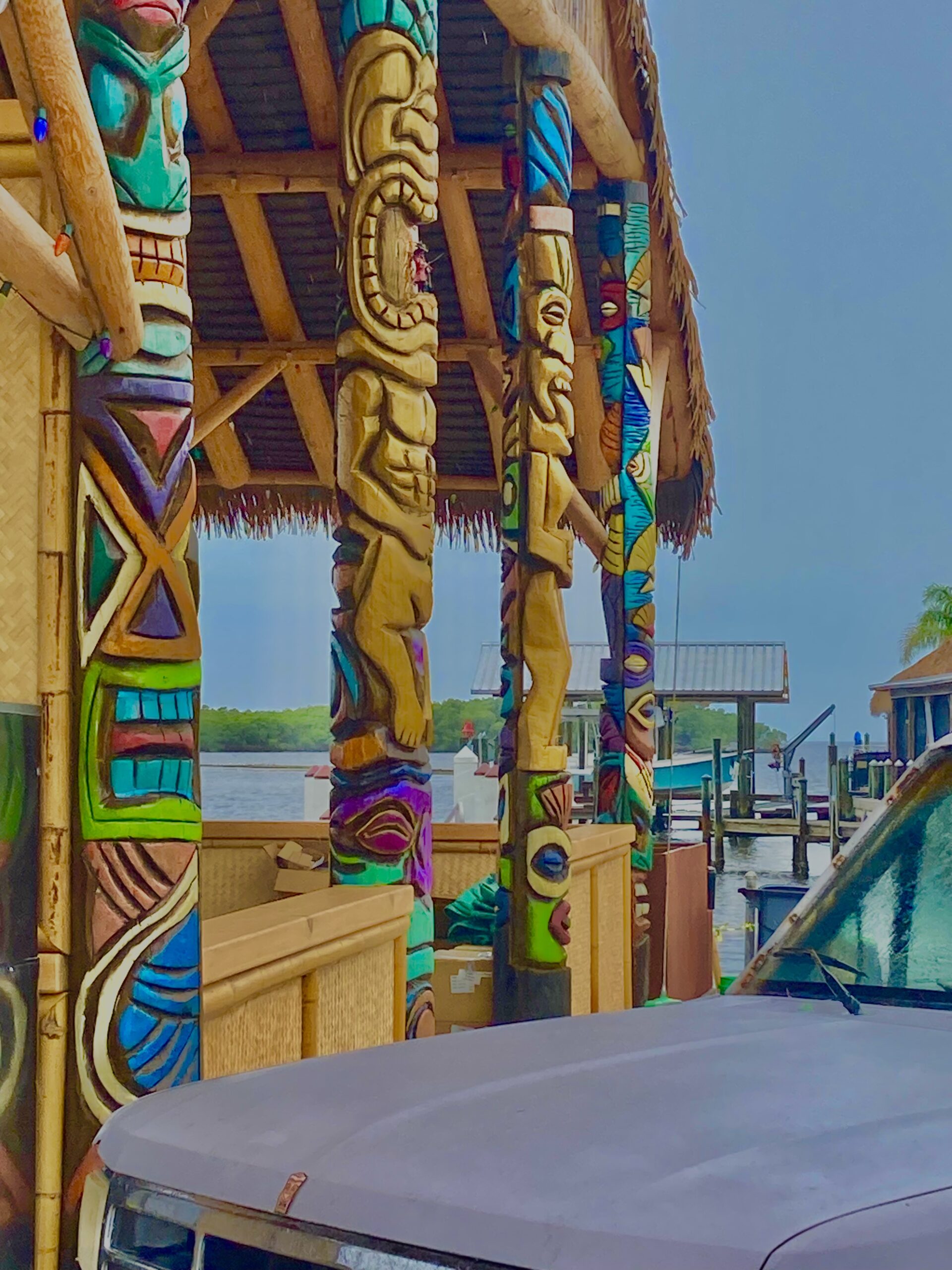 Tiki Pavilion with Carved Posts by Waterslide – Commercial