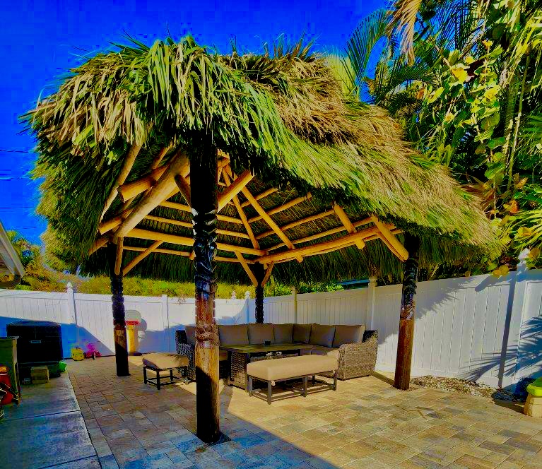 6–8” PT Posts, Cypress Roof Frame, Natural Palm Thatch — $39 per square foot