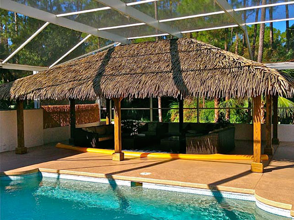 6–8” PT Posts, Cypress Roof Frame, Natural Palm Thatch — $39 per square foot